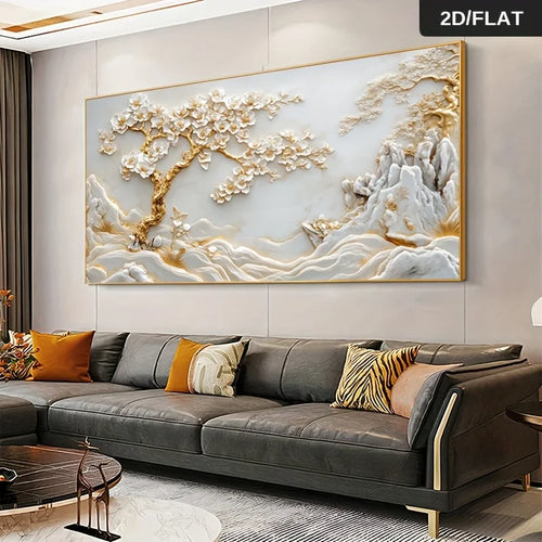 1pc Frameless Abstract 2D Art Canvas Blossoming Tree & Mountainous Landscape Print, Large Wall Decor for Living Room and Bedroom