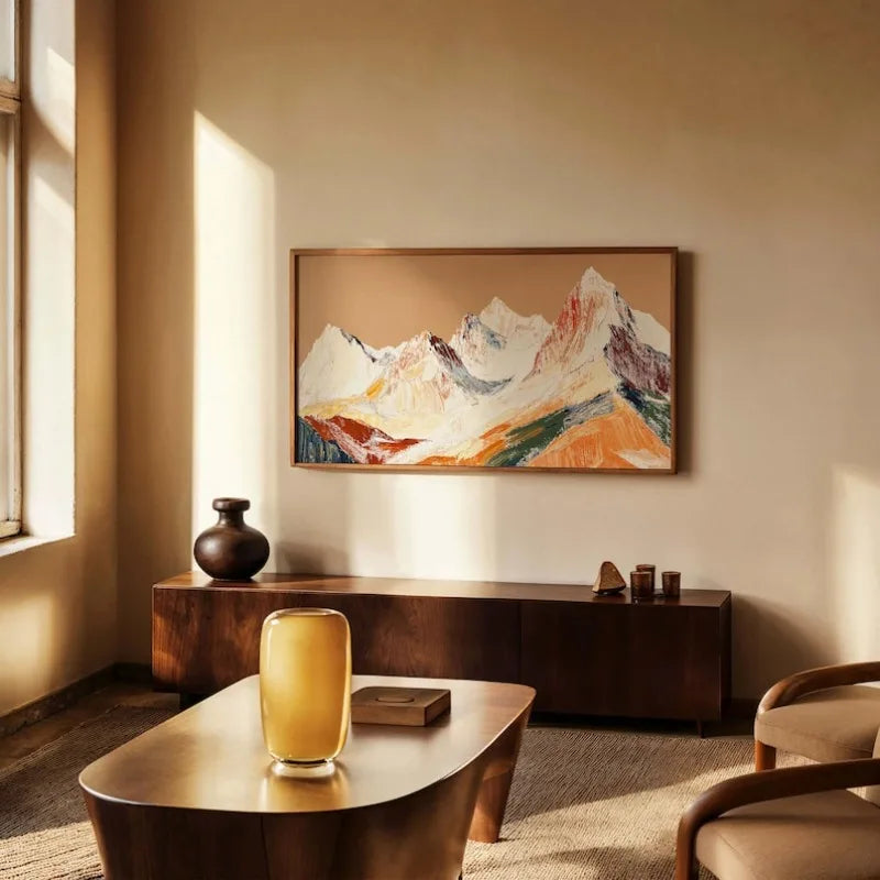 Large Abstract Sunrise Mountain Landscape Canvas Print Wall Art – Warm Orange & Brown Artwork for Modern Apartment Home Decor