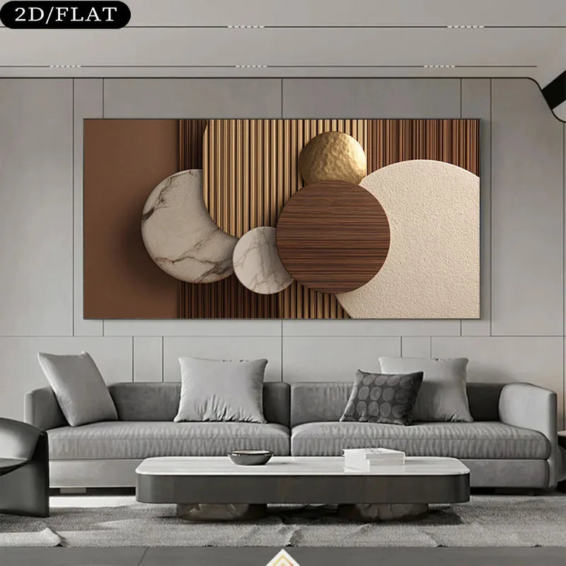 Modern Abstract Geometric Circles Artwork – Neutral Marble, Wood & Gold Textured Unframed Canvas Print for Contemporary Living Room Decor