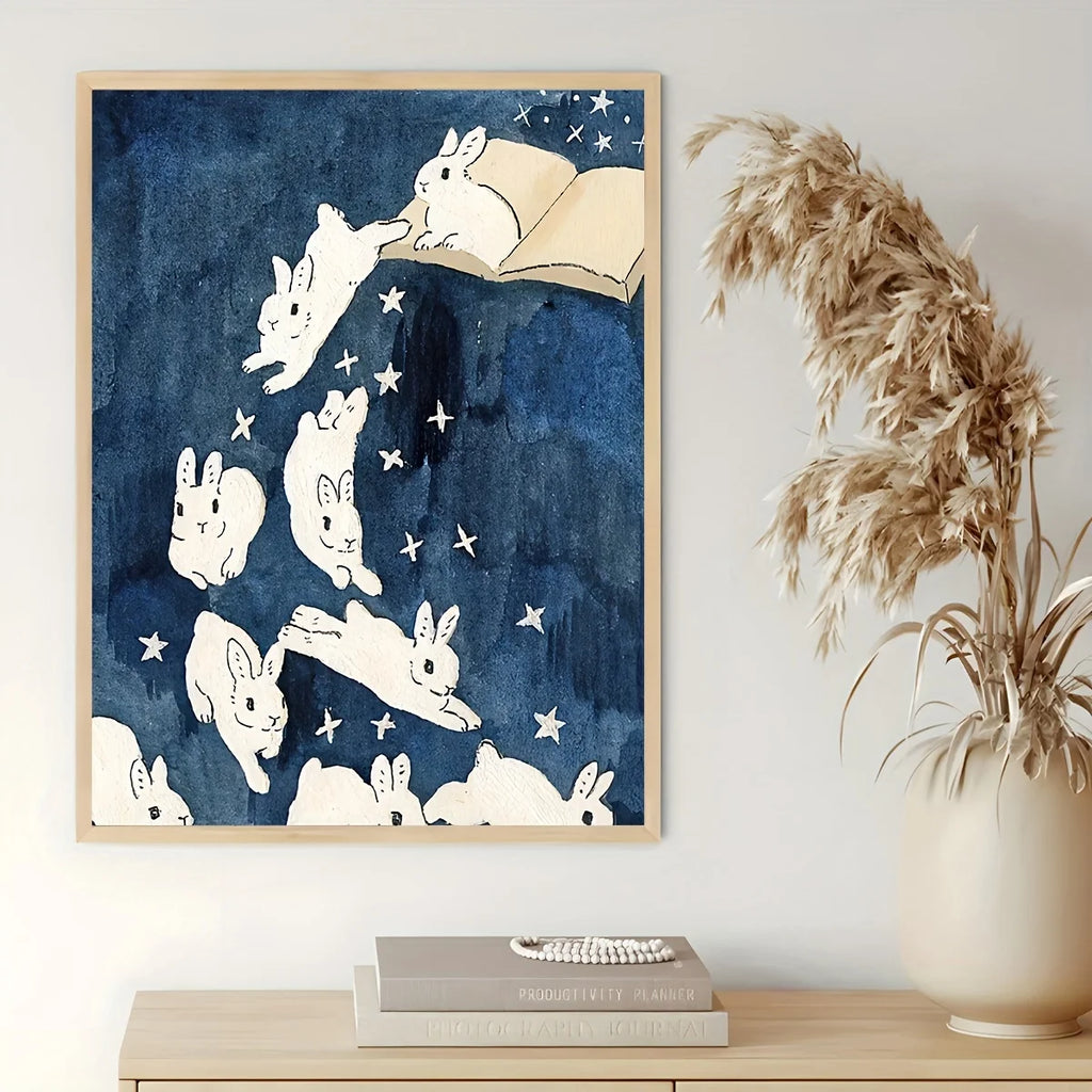 White Rabbit Starry Night Sky Wall Art – Dreamy Illustration with Stars & Open Book – Enchanting Unframed Canvas Print for Nursery, Kids’ Room Decor