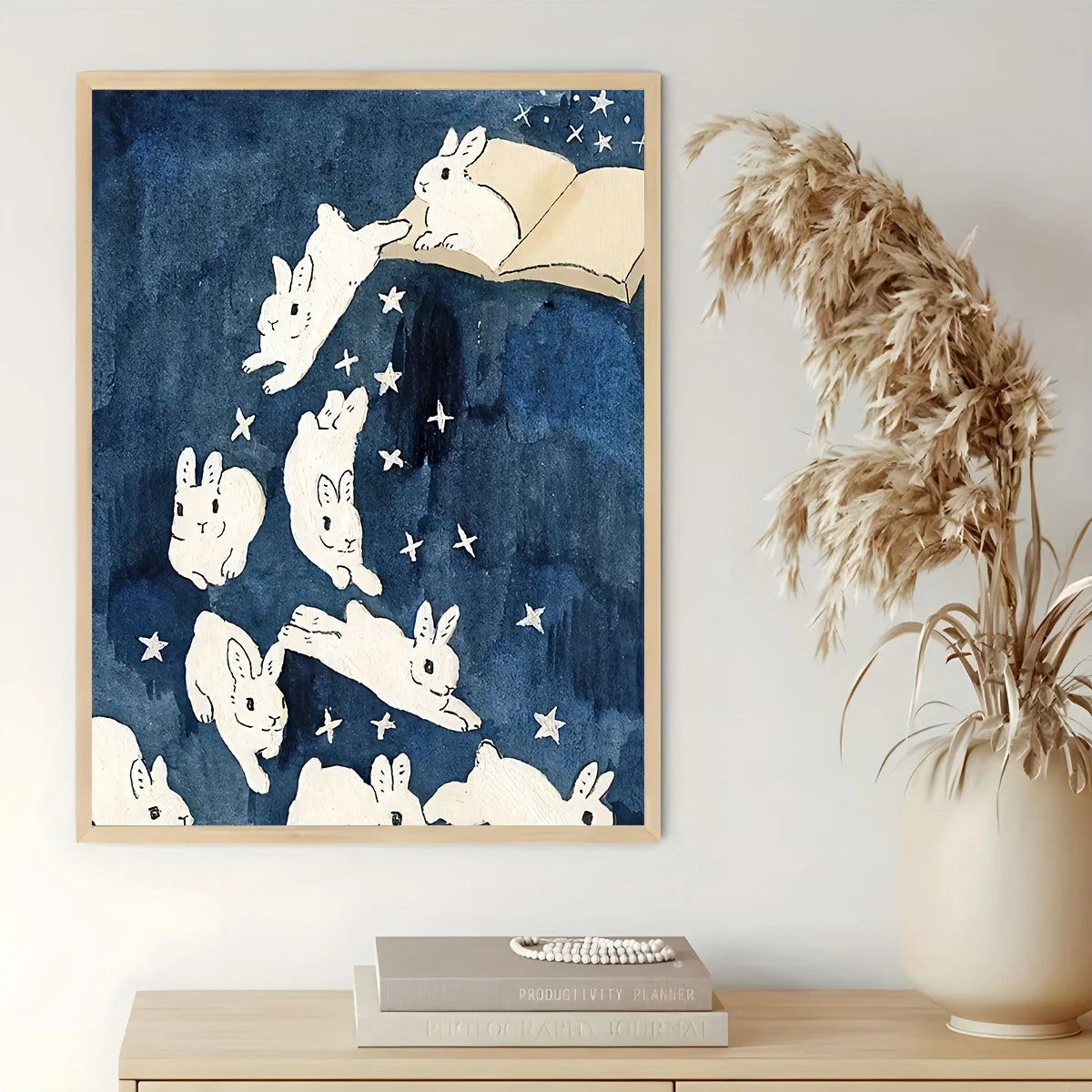 White Rabbit Starry Night Sky Wall Art – Dreamy Illustration with Stars & Open Book – Enchanting Unframed Canvas Print for Nursery, Kids’ Room Decor