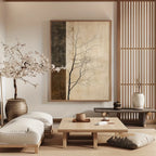 Neutral Zen Tree Branch Silhouette Wall Art – Minimalist Beige & Brown Panel Design – Modern Canvas Print for Calm Living Room Decor