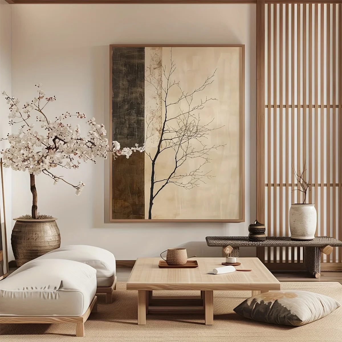 Neutral Zen Tree Branch Silhouette Wall Art – Minimalist Beige & Brown Panel Design – Modern Canvas Print for Calm Living Room Decor