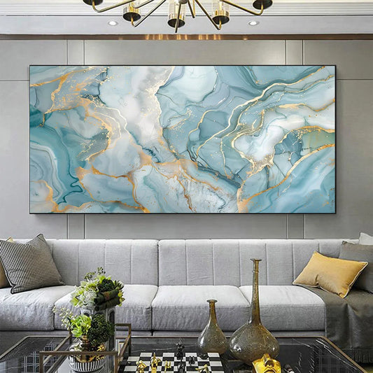 Azure Green Golden Marble Print Wall Art Fine Art Canvas Prints - Abstract Wall Art Picture For Modern Apartment Living Room Bedroom Art For Contemporary Interiors