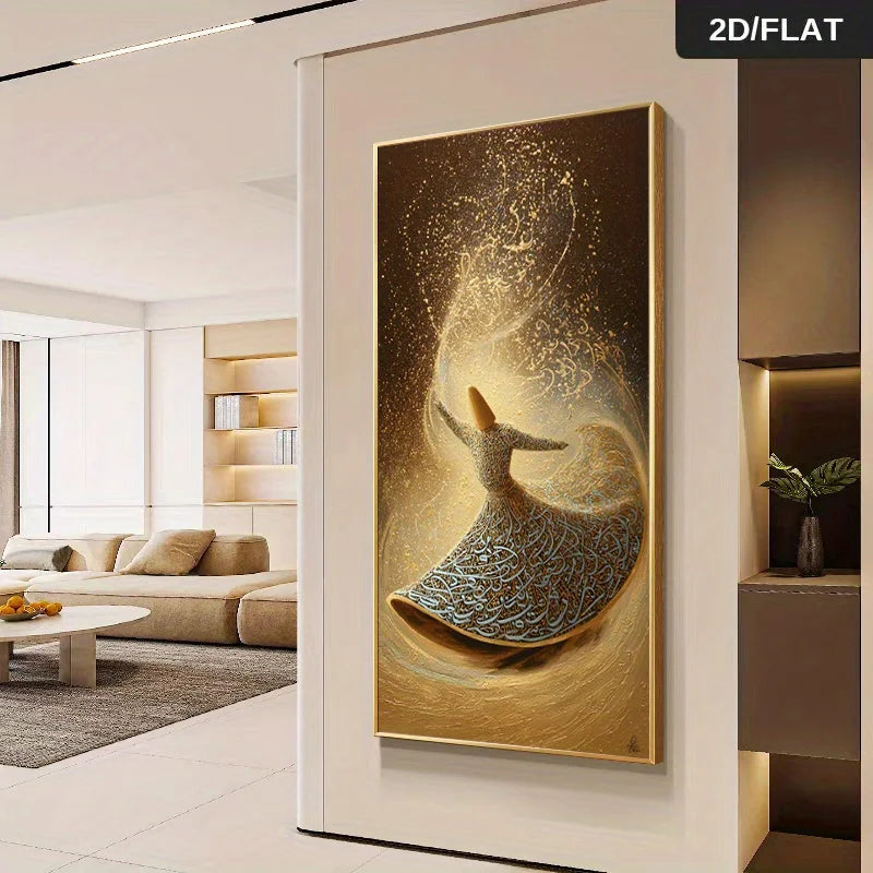 Elegant Whirling Dervish Wall Art Unframed – Sufi Dance Calligraphic Design in Gold & Brown for Modern Hallway and Spiritual Home Decor