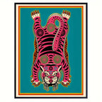 Pink Tibetan Tiger Rug‑Inspired Wall Art – Bold Symmetrical Tiger Design with Teal Background – Cultural Abstract Artwork for Modern Interiors