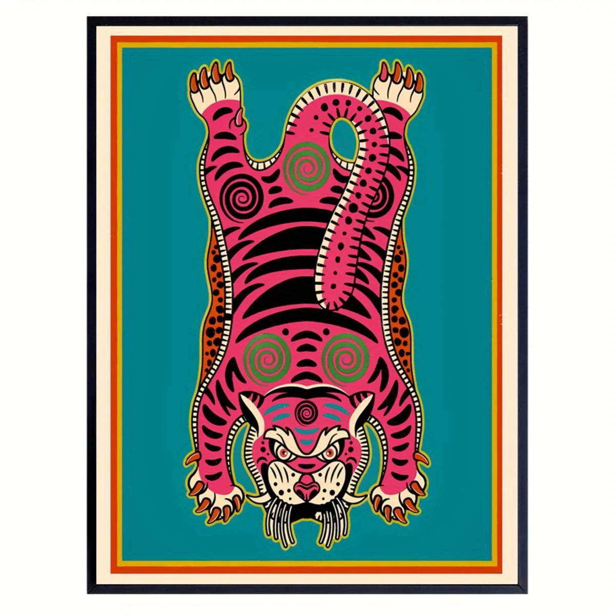 Pink Tibetan Tiger Rug‑Inspired Wall Art – Bold Symmetrical Tiger Design with Teal Background – Cultural Abstract Artwork for Modern Interiors