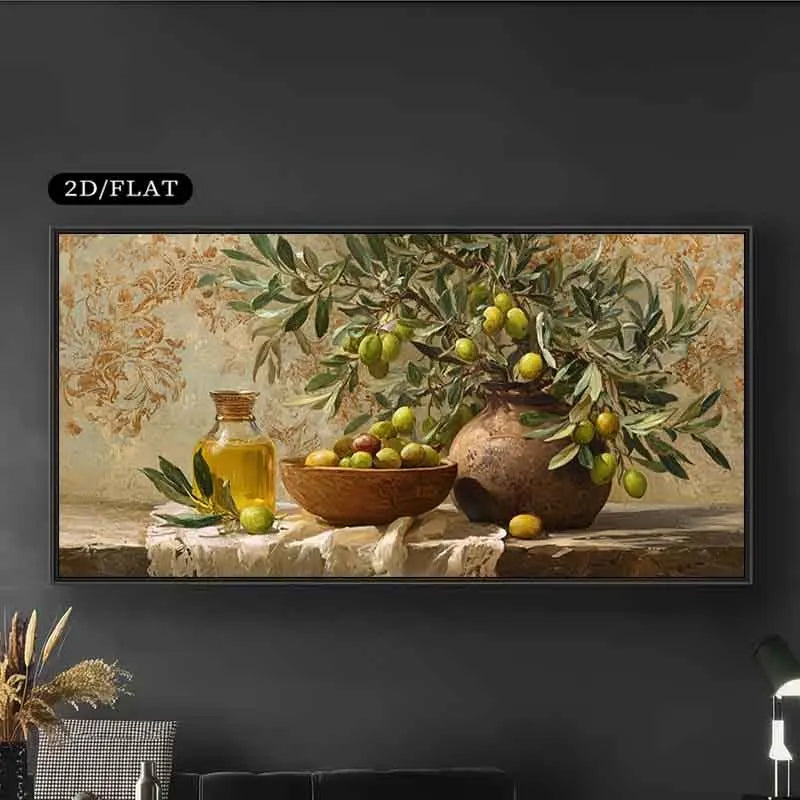 Rustic Classical Mediterranean Olive Still Life Canvas Wall Art – Vintage Kitchen Décor Artwork Print with Terracotta Potted Olive Tree Branches