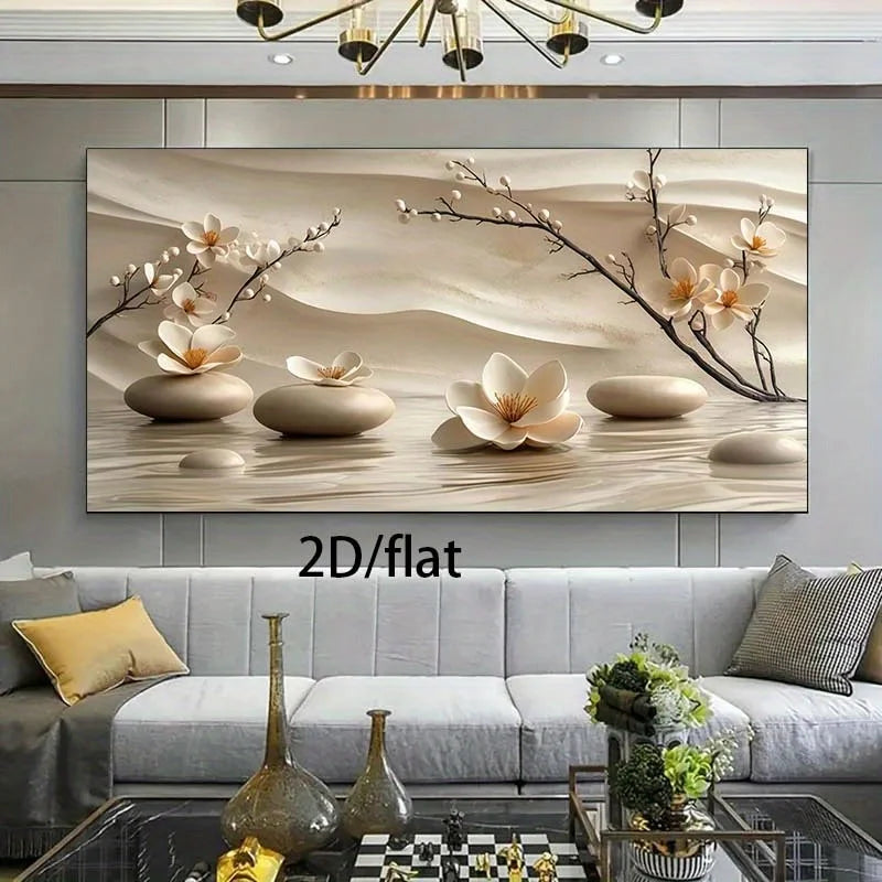 Frameless Modern Canvas Wall Art Flowers & Stones Nature Painting, for Living Room, Bedroom, Home Office, Canvas Wall Art Decor