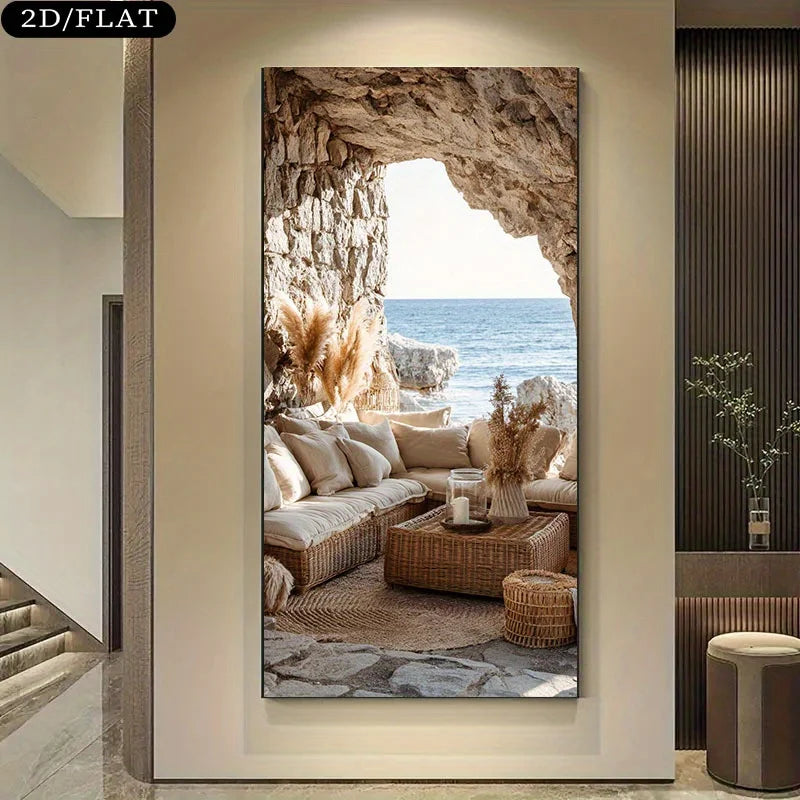 Coastal Cave Lounge Canvas Wall Art – Relaxing Ocean View – Modern Landscape Art For Contemporary Living Room & Apartment Foyer Decor