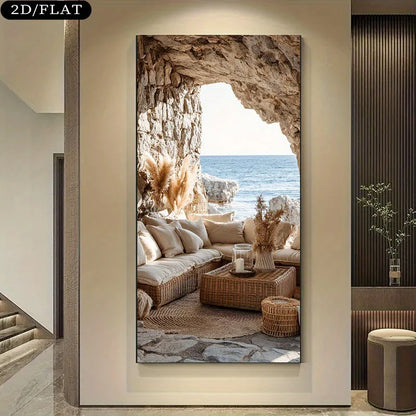 Coastal Cave Lounge Canvas Wall Art – Relaxing Ocean View – Modern Landscape Art For Contemporary Living Room & Apartment Foyer Decor