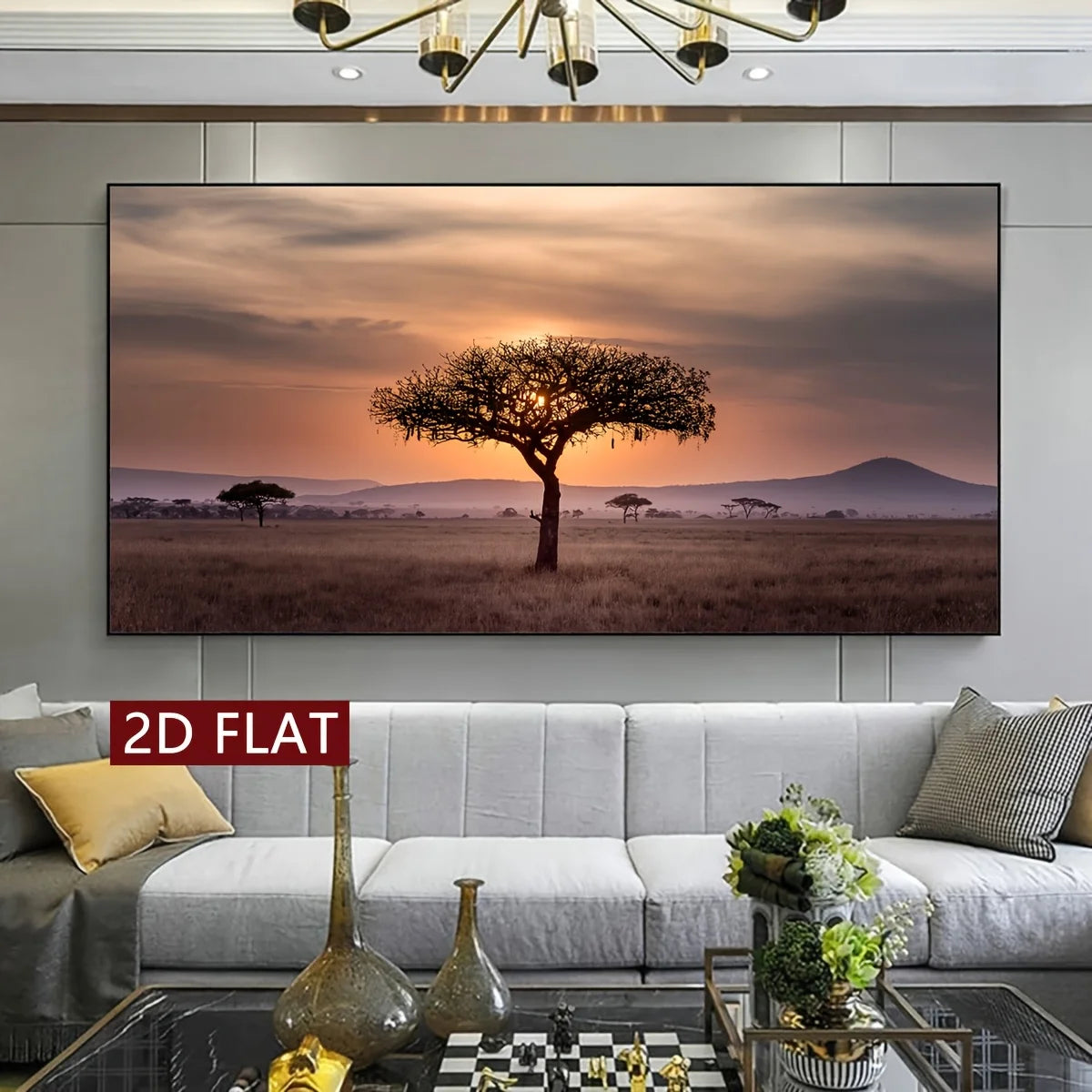 Large African Savanna Sunset Unframed Canvas Print Wall Art – Acacia Tree Landscape Artwork for Living Room Above The Sofa Decor