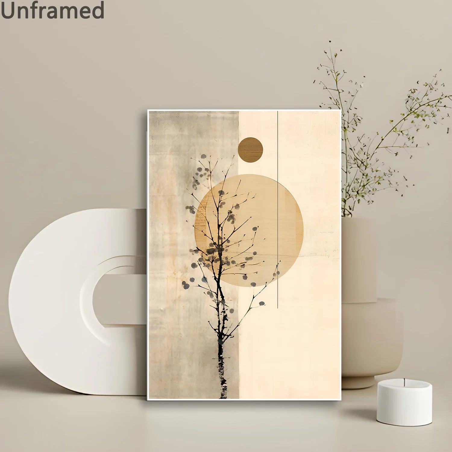 Minimalist Tree Silhouette Wall Art – Modern Gray & Beige Geometric Sun and Moon Design – Contemporary Artwork for Calm Living Room Decor