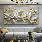 Elegant Style Canvas Poster Prints Art, Frameless Modern Floral Wall Arts Decor, White Flowers with Golden Accents for Livin