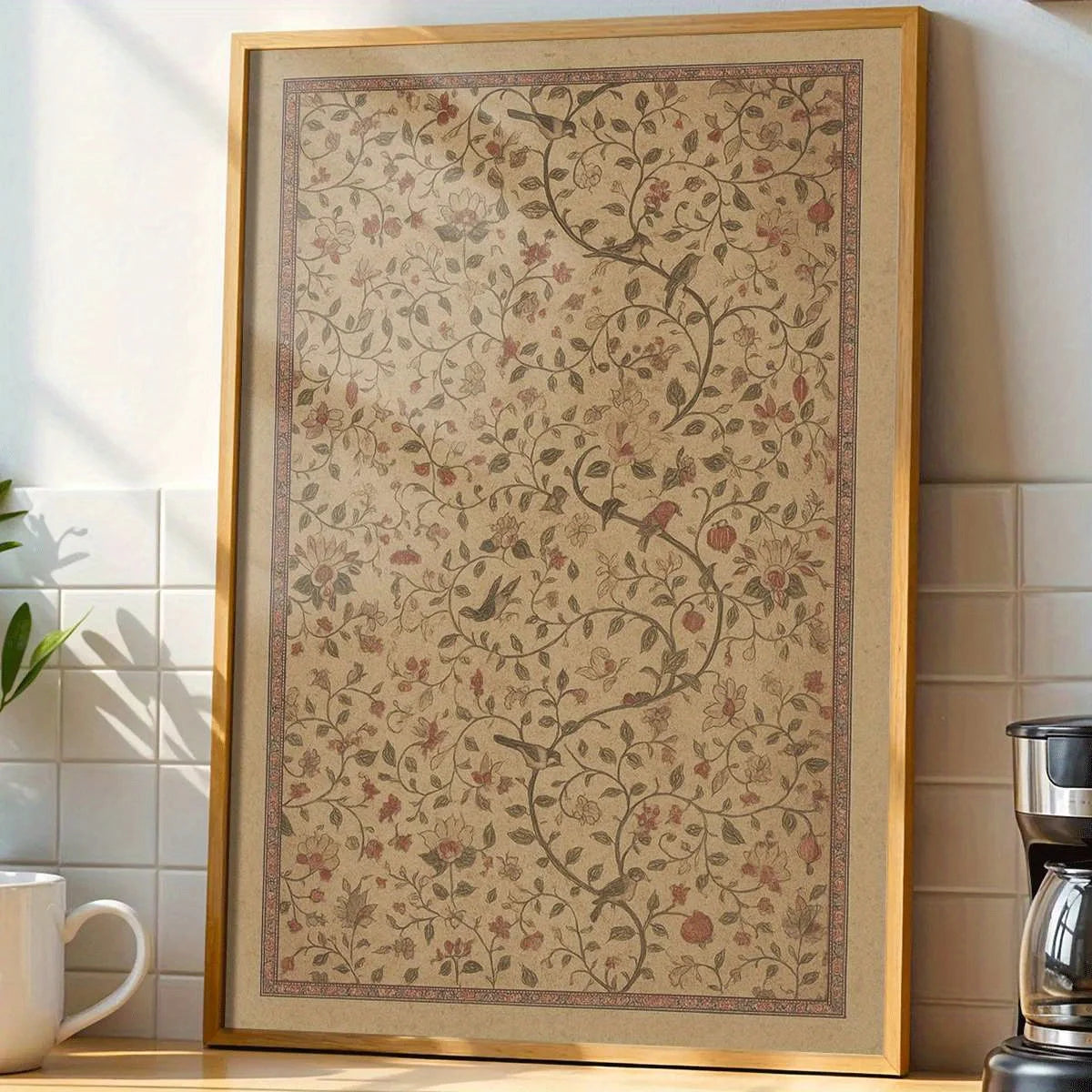 Vintage Floral Bird Wall Art – Intricate Beige Botanical Vine Pattern Design – Classic Canvas Artwork for Cozy Kitchen, Cottage‑Style Interiors