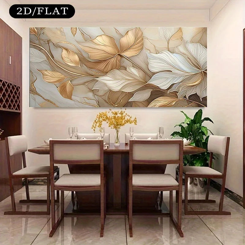 Luxury Gold & Beige Abstract Floral Canvas Wall Art – Modern Leaf Pattern Design with Elegant Linework – Contemporary Art For Living Room