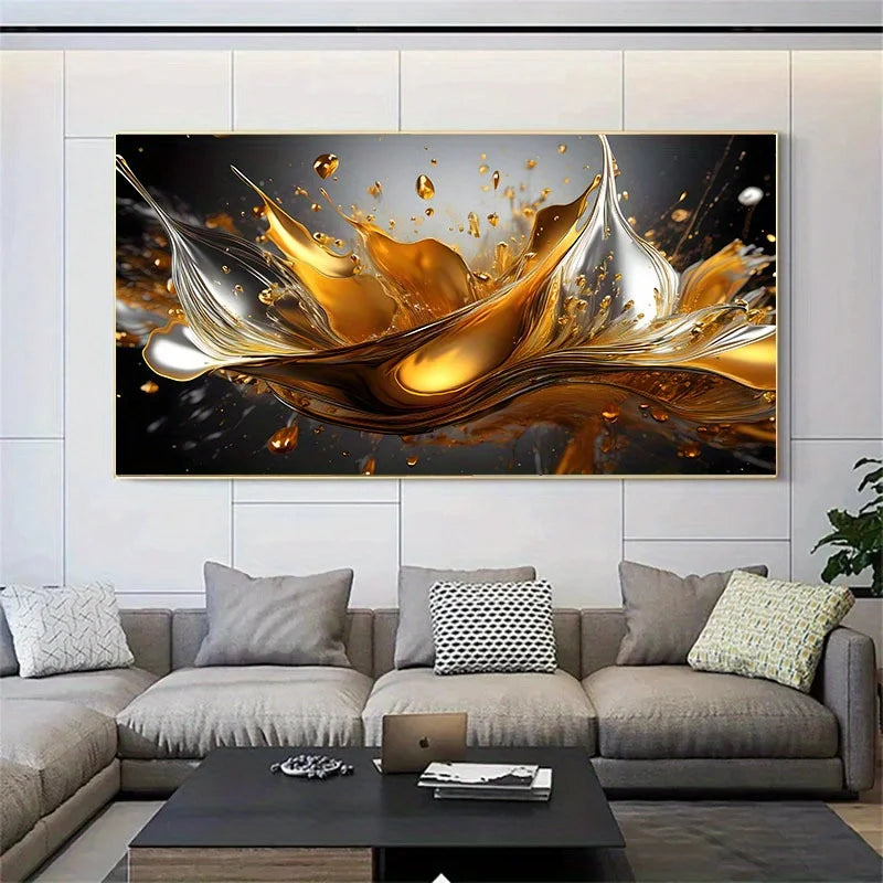 Modern Gold & Silver Liquid Splash Abstract Canvas Wall Art – Luxury Unframed Art For Contemporary Apartment Living Room Decor