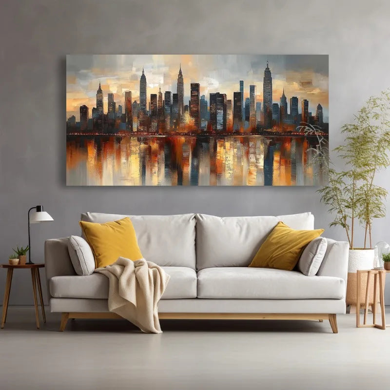 Modern City Skyline Canvas Wall Art, Abstract Wall Art Painting with Warm Sunset Hues, Print for Wall Art Decor Gifts - Noframed