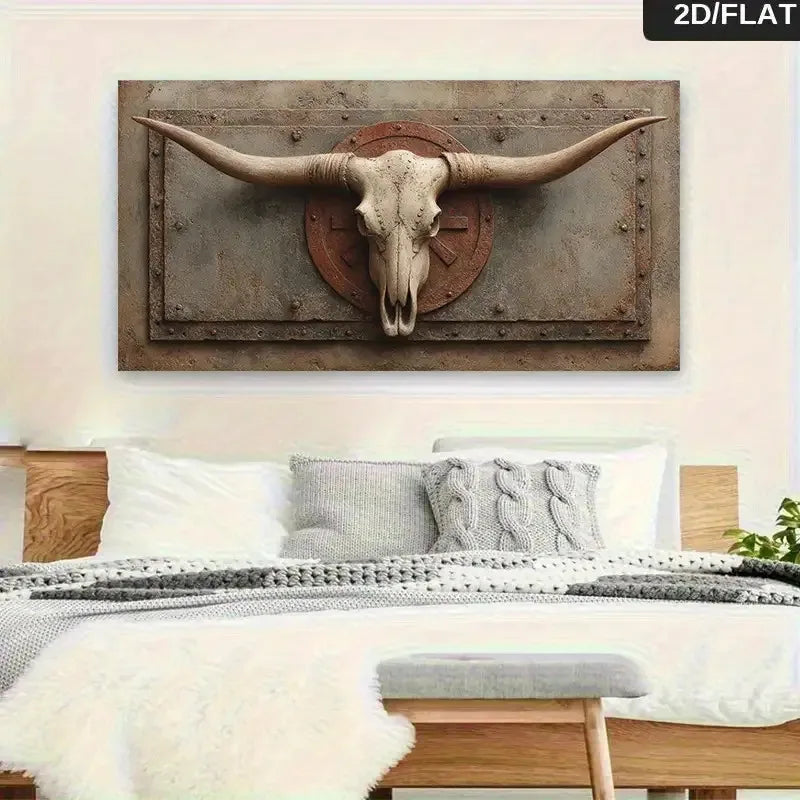 Rustic Longhorn Skull Canvas Print Unframed Wall Art – Western Industrial Design Rustic Background for Modern Living Room - Statement Styling