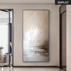 Beige Reed & Water Reflection Unframed Canvas Print Wall Art – Minimalist Neutral Abstract Painting for Modern Living Room & Foyer Decor