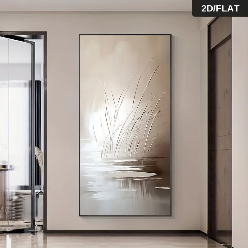 Beige Reed & Water Reflection Unframed Canvas Print Wall Art – Minimalist Neutral Abstract Painting for Modern Living Room & Foyer Decor