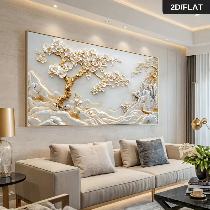 1pc Frameless Abstract 2D Art Canvas Blossoming Tree & Mountainous Landscape Print, Large Wall Decor for Living Room and Bedroom