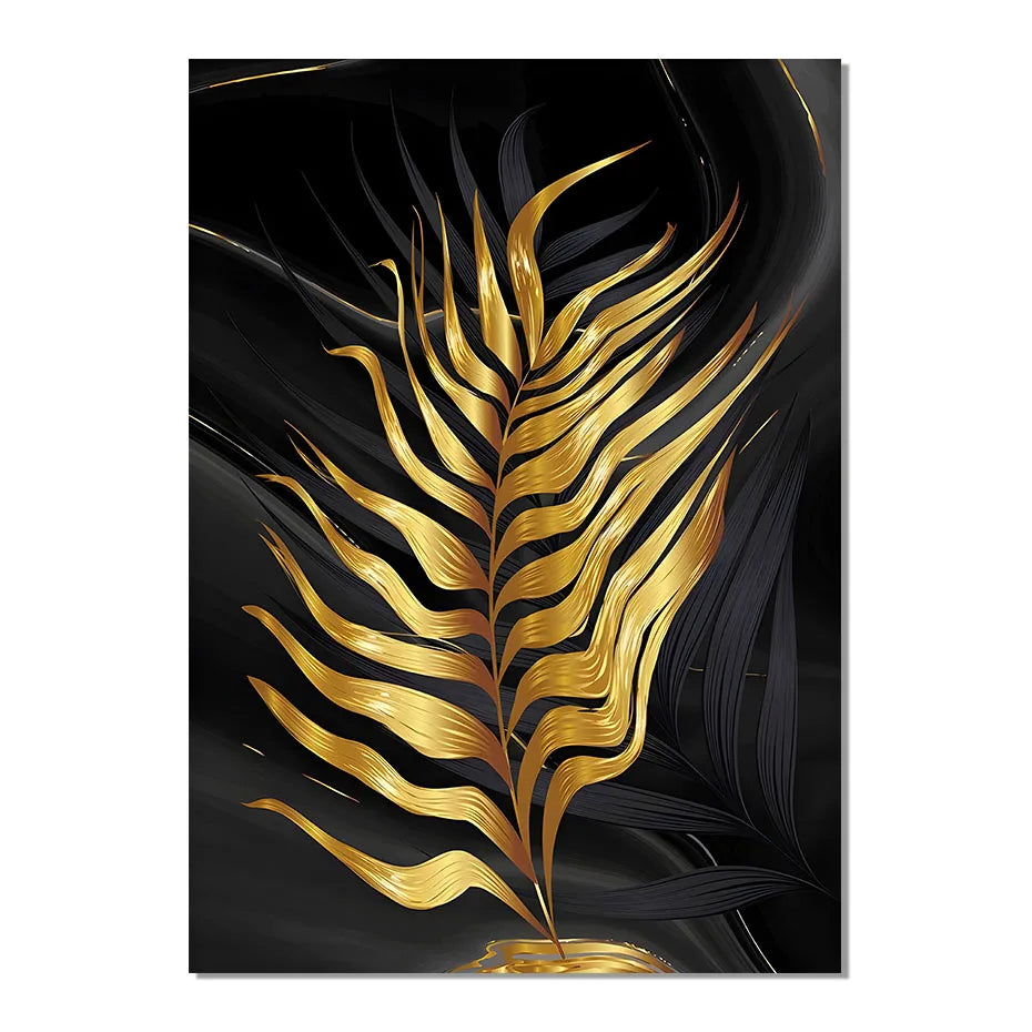 Tropical Green Golden Leaf Wall Art Fine Art Canvas Prints - Modern Botanical Art For Living Room Dining Room Art For Home Office Interiors