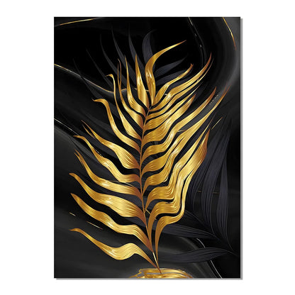 Tropical Green Golden Leaf Wall Art Fine Art Canvas Prints - Modern Botanical Art For Living Room Dining Room Art For Home Office Interiors