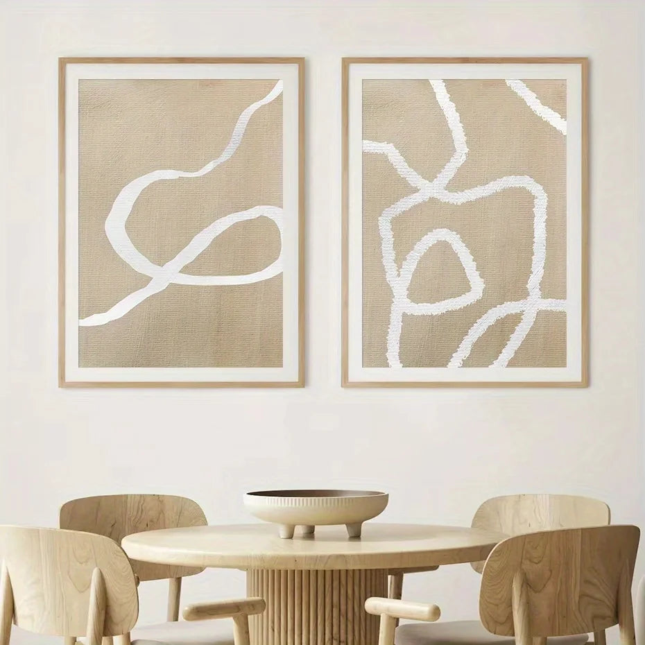 Neutral Abstract Line Art Canvas Print Set – Beige Minimalist Organic Shape Wall Art for Modern Living Room, Scandinavian Interiors & Home Décor