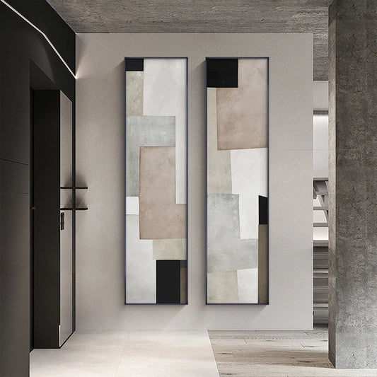 Shades Of Grey Beige Block Abstract Wall Art Fine Art Canvas Prints - Vertical Format Pictures For Entranceway Foyer Reception Art For Contemporary Home & Office Interiors.
