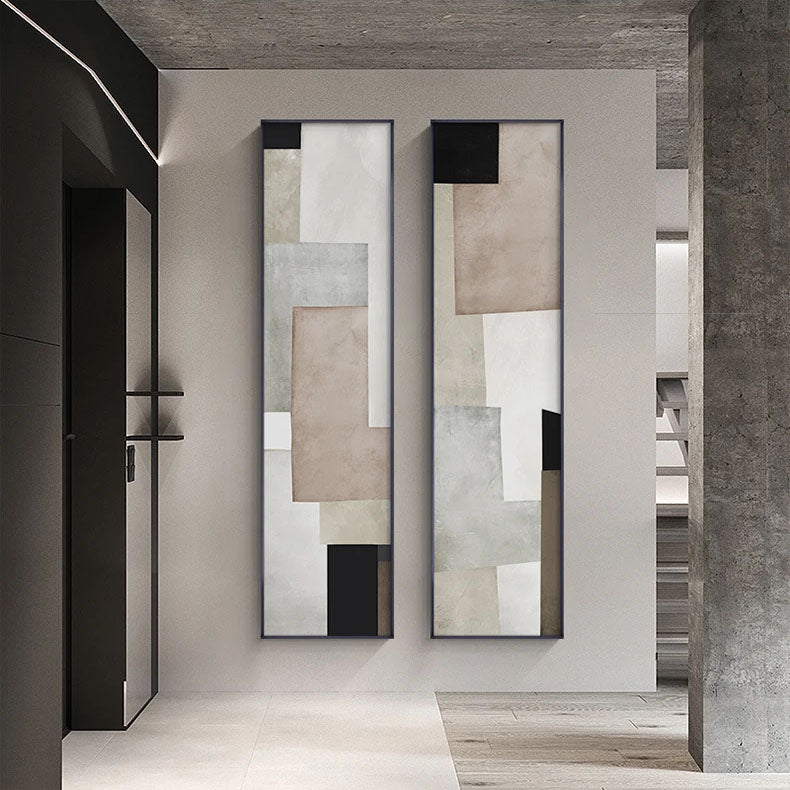 Shades Of Grey Beige Block Abstract Wall Art Fine Art Canvas Prints - Vertical Format Pictures For Entranceway Foyer Reception Art For Contemporary Home & Office Interiors.