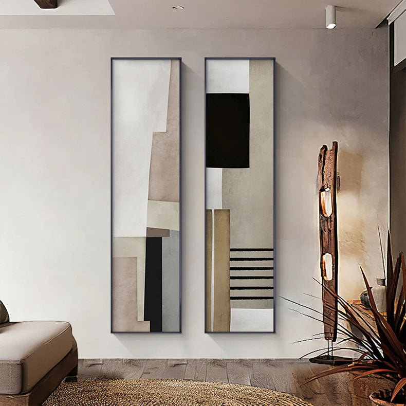 Shades Of Grey Beige Block Abstract Wall Art Fine Art Canvas Prints - Vertical Format Pictures For Entranceway Foyer Reception Art For Contemporary Home & Office Interiors.