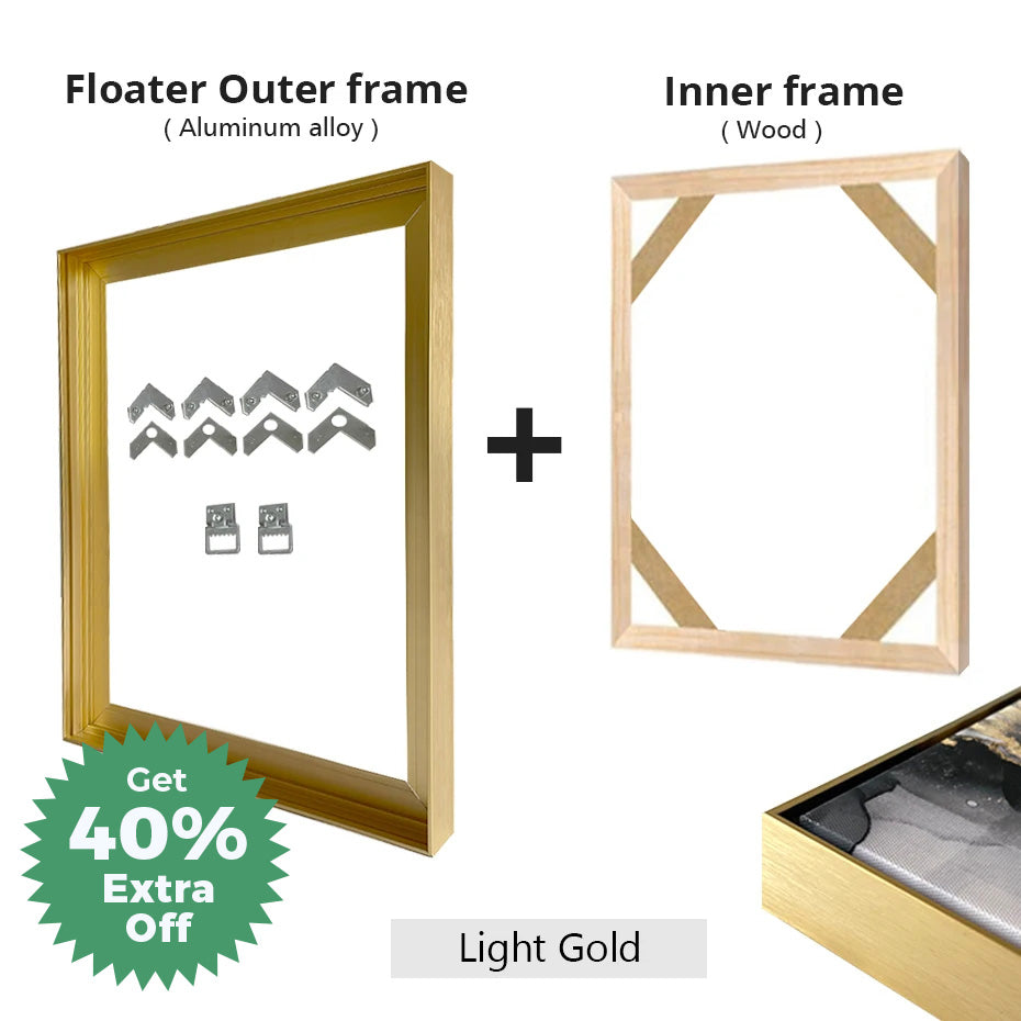 Slim Metal Bezel Floating Canvas Picture Frame Brushed Gold Silver Sizes 60x90, 50x70, 40x50cm etc DIY Framing Kit Includes Outer Metal Frame + Inner Wood Frame