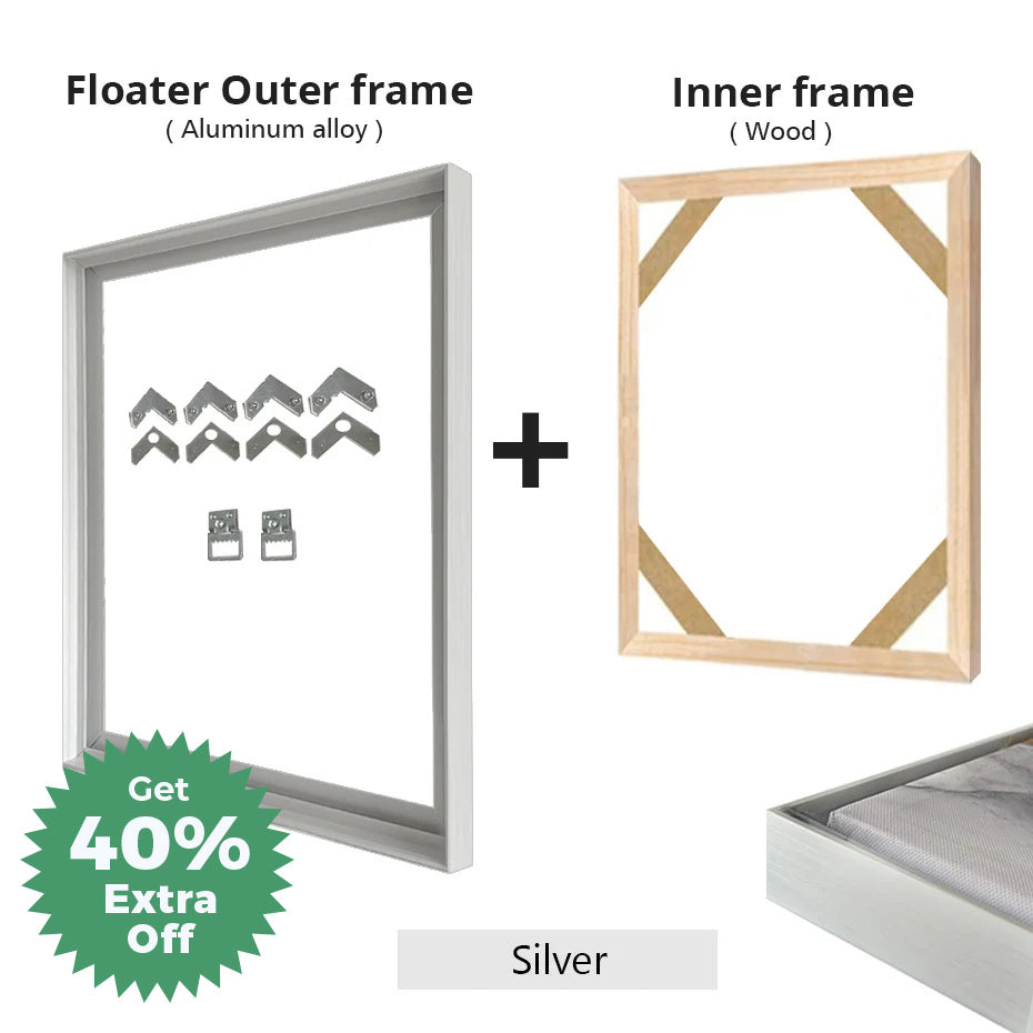Slim Metal Bezel Floating Canvas Picture Frame Brushed Gold Silver Sizes 60x90, 50x70, 40x50cm etc DIY Framing Kit Includes Outer Metal Frame + Inner Wood Frame