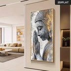 A wall art print featuring a serene Buddha statue in gray and gold tones, displayed in a modern living room setting. The image includes a '2D/FLAT' label in the top right corner.