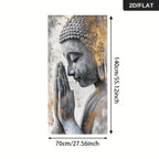 A vertical wall art print showing a serene Buddha statue in gray and gold tones, with measurement arrows and text indicating 70cm by 140cm dimensions on a white background.