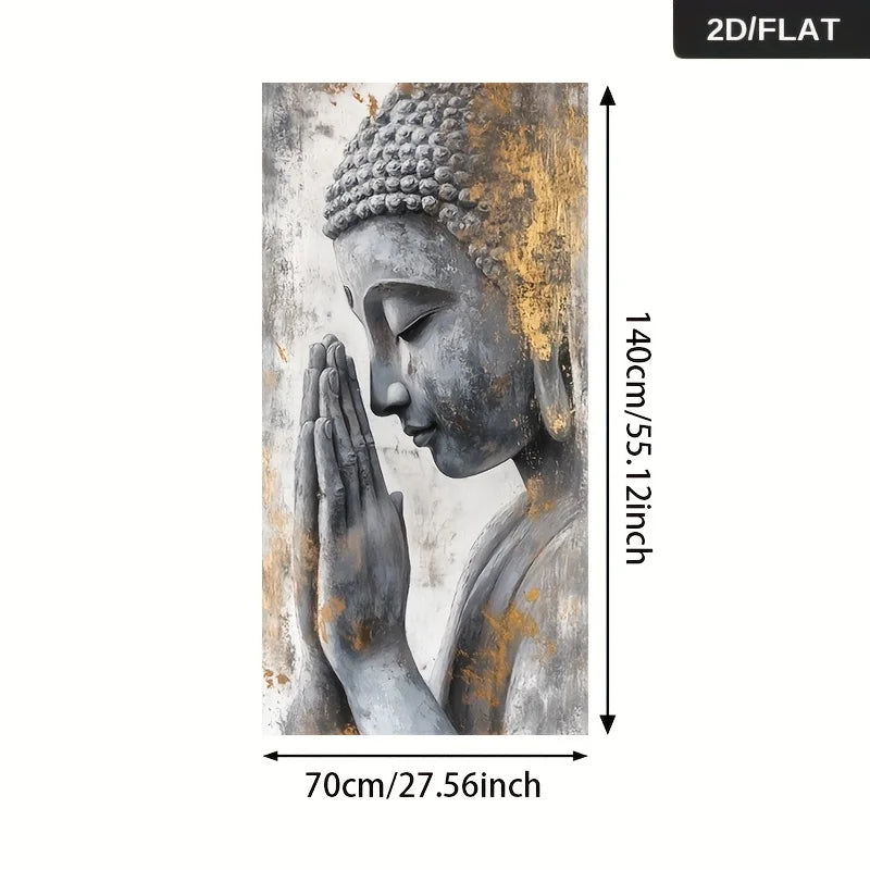 A vertical wall art print showing a serene Buddha statue in gray and gold tones, with measurement arrows and text indicating 70cm by 140cm dimensions on a white background.