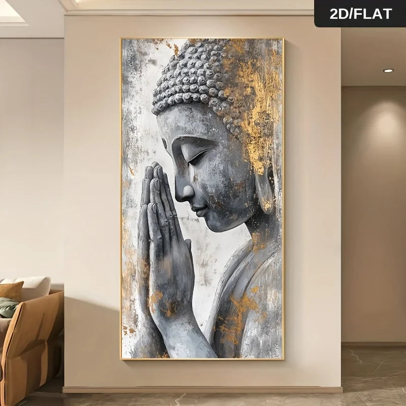 A vertical wall art print featuring an abstract gray Buddha head and hands with gold leaf-like accents, displayed on a beige wall in a modern interior. A black label in the top-right corner reads '2D/FLAT'.