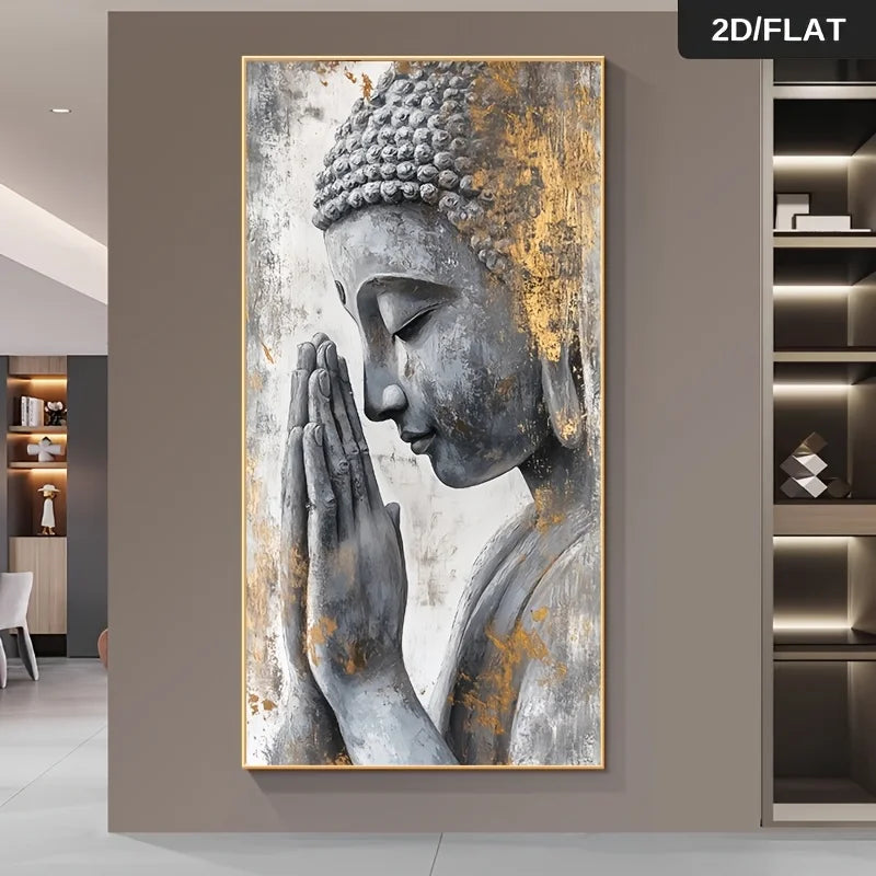 A large vertical framed wall art print showing a gray Buddha bust with gold leaf-like texture accents, displayed on a taupe wall in a modern interior. A black corner label reads “2D/FLAT.