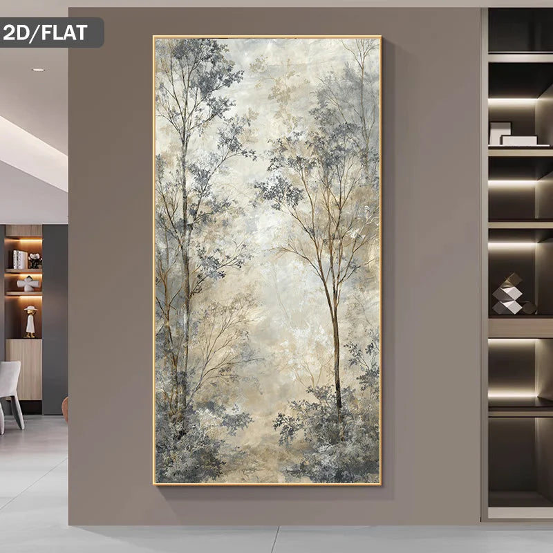 A vertical framed wall art print featuring an abstract forest scene with tall trees in soft beige, gray, and blue tones, displayed on a taupe wall in a modern interior setting.