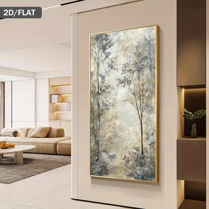 A vertical wall art print featuring an abstract forest scene in soft beige, gray, and blue tones, displayed on a beige wall in a modern living room interior. A small '2D/FLAT' label appears in the top-left corner.