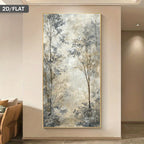 A large vertical framed wall art piece showing an abstract forest scene in soft blue, gray, beige, and white tones, displayed on a beige wall in a modern interior. A small dark label in the top-left reads “2D/FLAT.