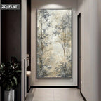 A tall framed wall art piece showing an abstract forest scene in soft beige, gray, and blue tones, displayed in a modern hallway. The image includes a '2D/FLAT' label in the top-left corner.