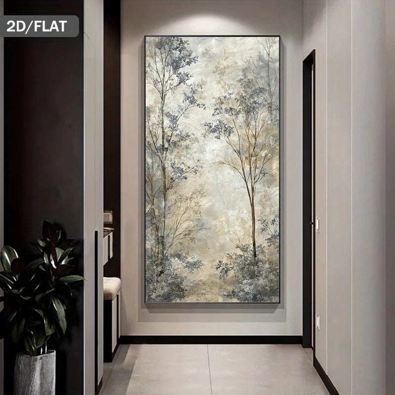 A tall framed wall art piece showing an abstract forest scene in soft beige, gray, and blue tones, displayed in a modern hallway. The image includes a '2D/FLAT' label in the top-left corner.