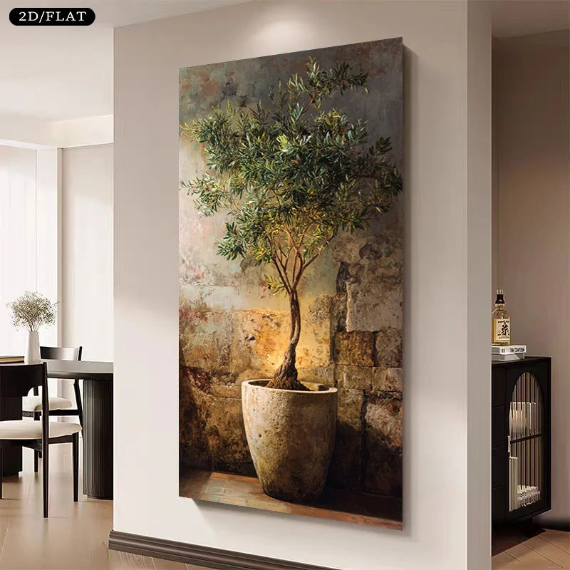 Terracotta Potted Olive Tree Mediterranean Inspired Wall Art Fine Art Canvas Print – Rustic Coastal Artwork For Living Room/Foyer Art Decor
