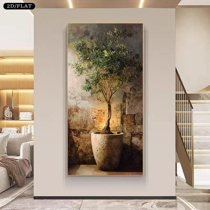 Terracotta Potted Olive Tree Mediterranean Inspired Wall Art Fine Art Canvas Print – Rustic Coastal Artwork For Living Room/Foyer Art Decor