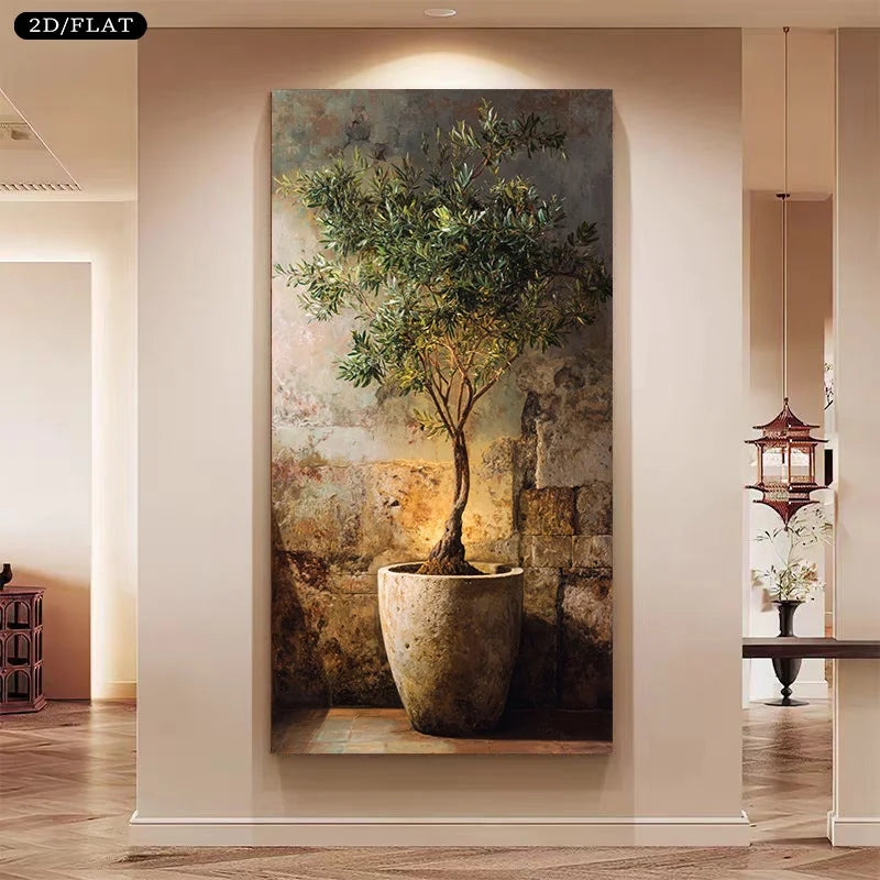 Terracotta Potted Olive Tree Mediterranean Inspired Wall Art Fine Art Canvas Print – Rustic Coastal Artwork For Living Room/Foyer Art Decor