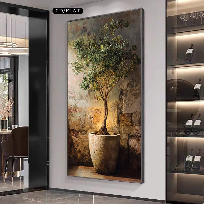 Terracotta Potted Olive Tree Mediterranean Inspired Wall Art Fine Art Canvas Print – Rustic Coastal Artwork For Living Room/Foyer Art Decor