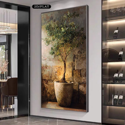 Terracotta Potted Olive Tree Mediterranean Inspired Wall Art Fine Art Canvas Print – Rustic Coastal Artwork For Living Room/Foyer Art Decor