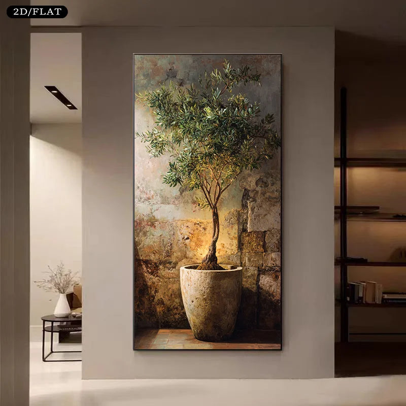 Terracotta Potted Olive Tree Mediterranean Inspired Wall Art Fine Art Canvas Print – Rustic Coastal Artwork For Living Room/Foyer Art Decor